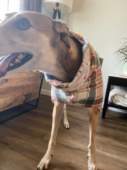 Greyhound Fleece Winter Coat | Orange and Green Plaid with Mountain Lining
