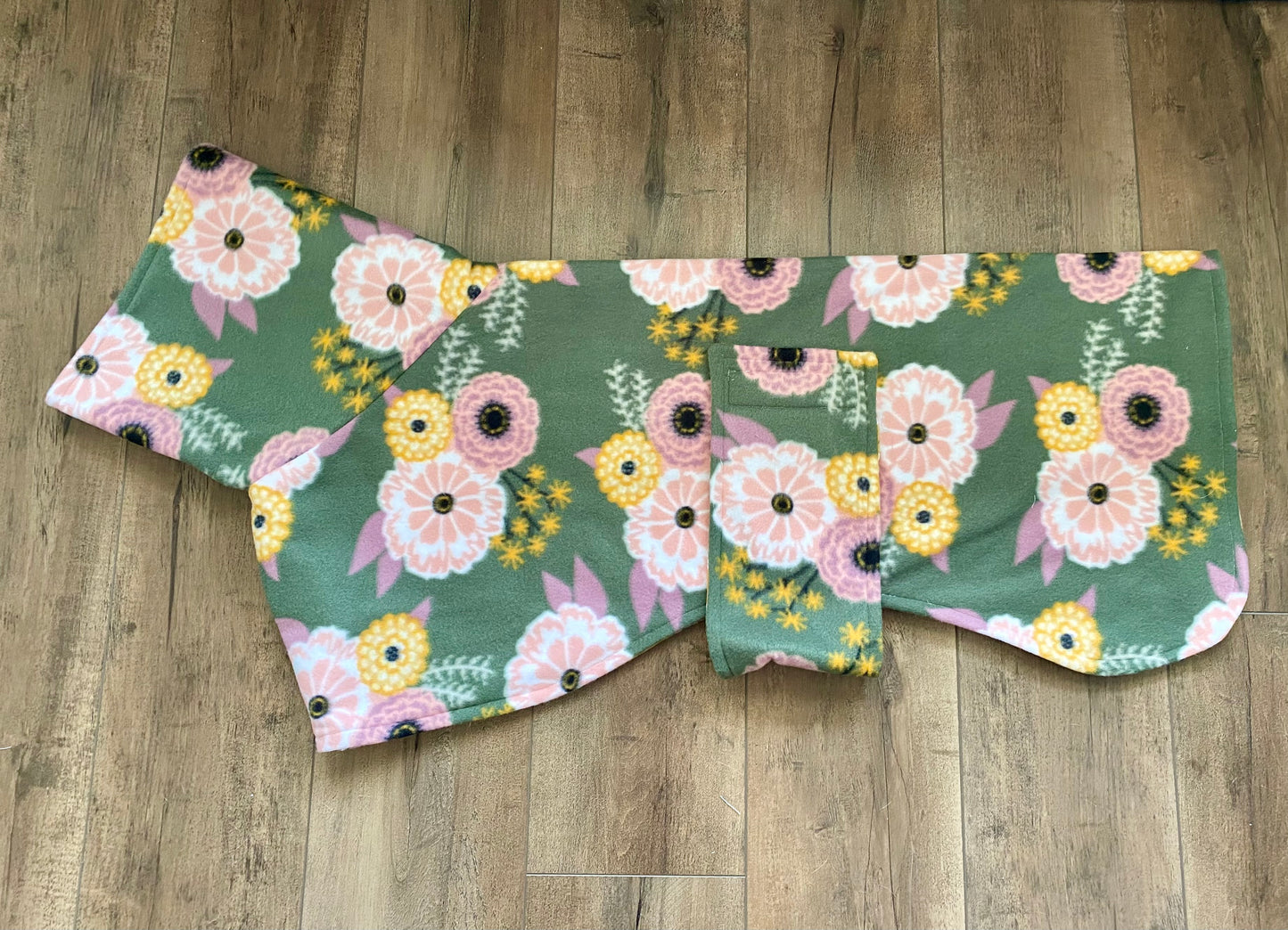 Greyhound Fleece Winter Coat | Boho Green Floral with Mustard Yellow Lining