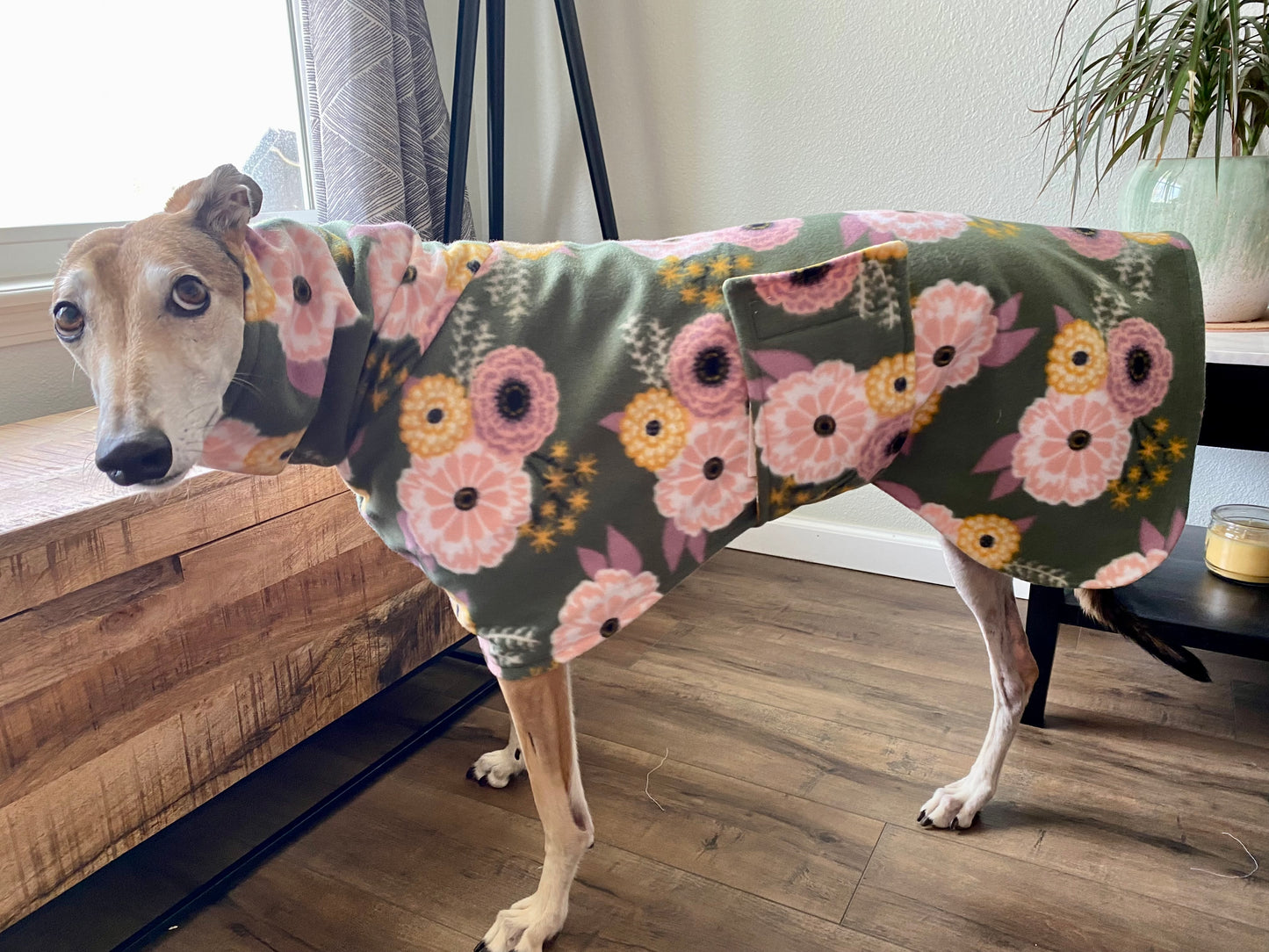 Greyhound Fleece Winter Coat | Boho Green Floral with Mustard Yellow Lining