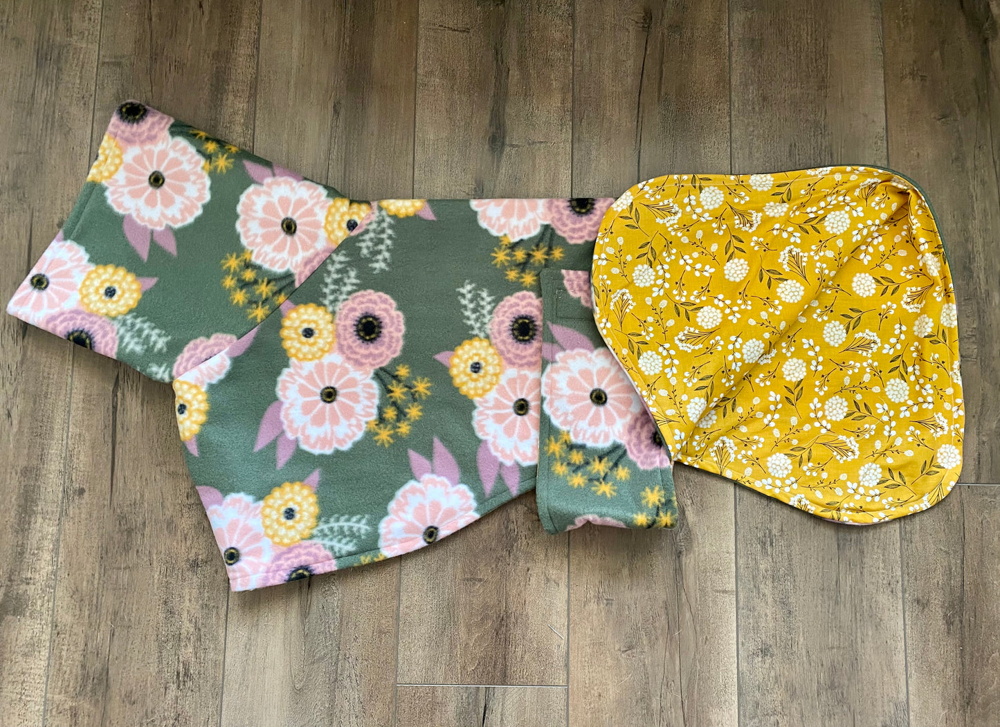 Greyhound Fleece Winter Coat | Boho Green Floral with Mustard Yellow Lining