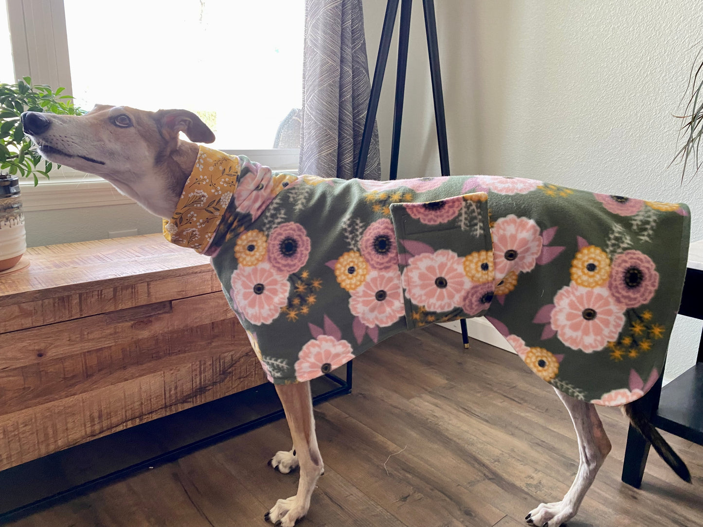 Greyhound Fleece Winter Coat | Boho Green Floral with Mustard Yellow Lining