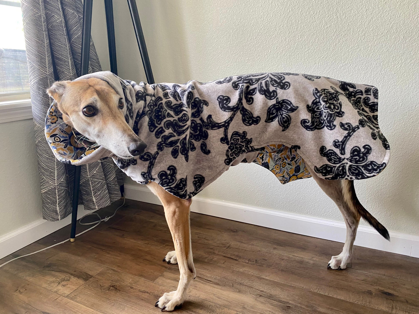 Greyhound Fleece Winter Coat | Grey and Black Floral with Blue and Mustard Yellow Floral Cotton Lining