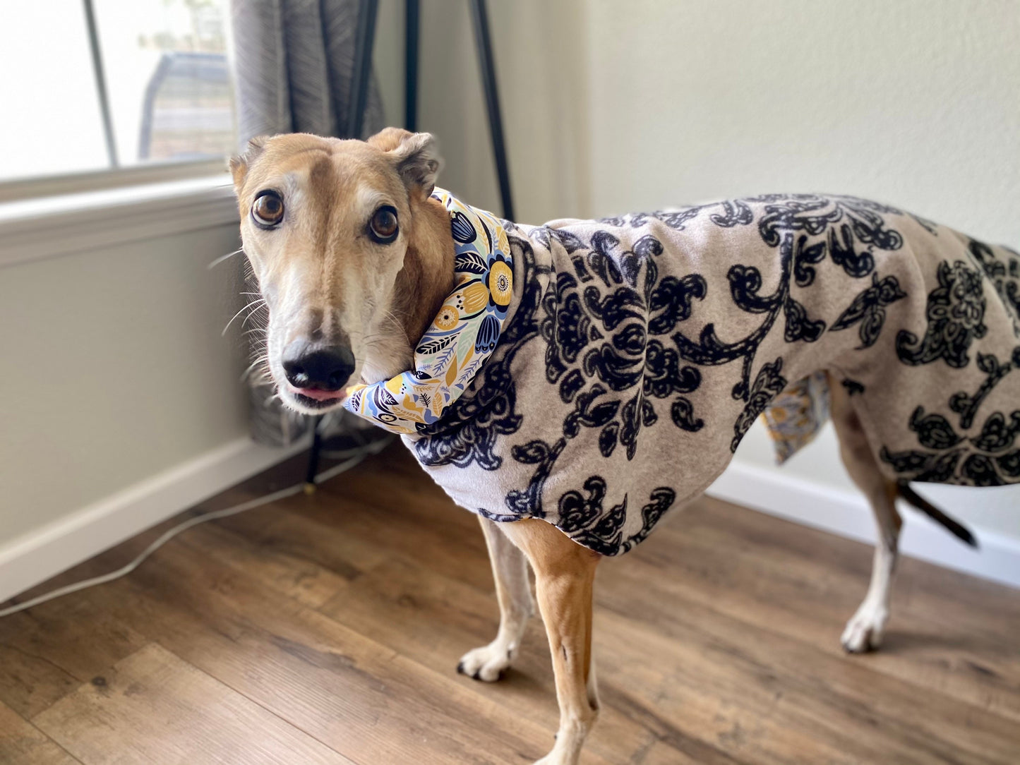 Greyhound Fleece Winter Coat | Grey and Black Floral with Blue and Mustard Yellow Floral Cotton Lining