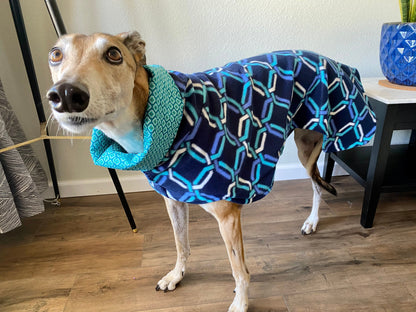 Greyhound Fleece Winter Coat | Navy Blue and Teal Geometric with Teal Cotton Lining