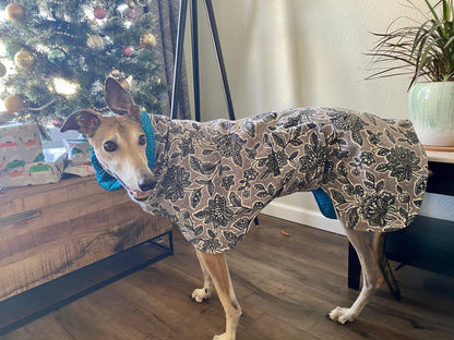 Greyhound Fleece Winter Coat | Grey Floral Luxe Fleece with Teal Polka Dot Lining