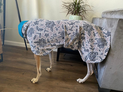 Greyhound Fleece Winter Coat | Grey Floral Luxe Fleece with Teal Polka Dot Lining
