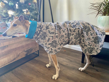 Greyhound Fleece Winter Coat | Grey Floral Luxe Fleece with Teal Polka Dot Lining