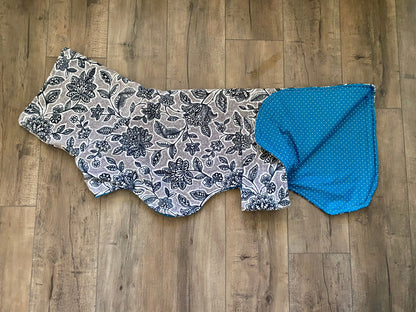 Greyhound Fleece Winter Coat | Grey Floral Luxe Fleece with Teal Polka Dot Lining