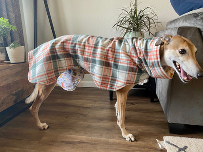 Greyhound Fleece Winter Coat | Orange and Green Plaid with Mountain Lining