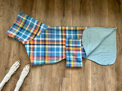 Greyhound Fleece Winter Coat | Blue and Yellow Plaid with Polka Dot Lining